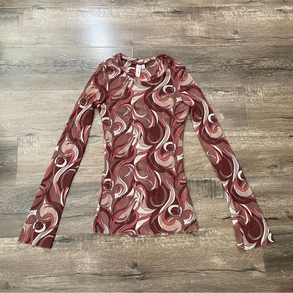 Swirl Pattern Long Sleeve Top Brown y2k abstract print Bell Sleeve Mesh Shirt